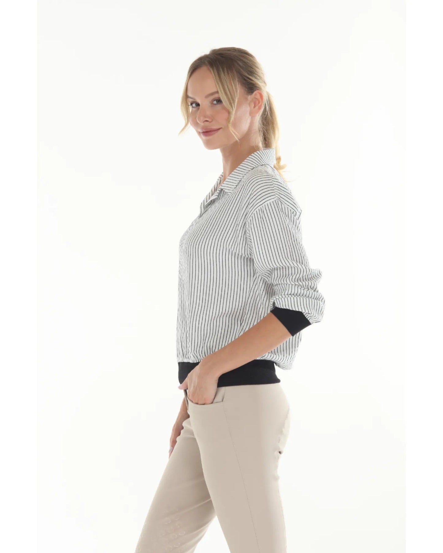 Sundae Womens Ivory And Black Pinstripe Blouse