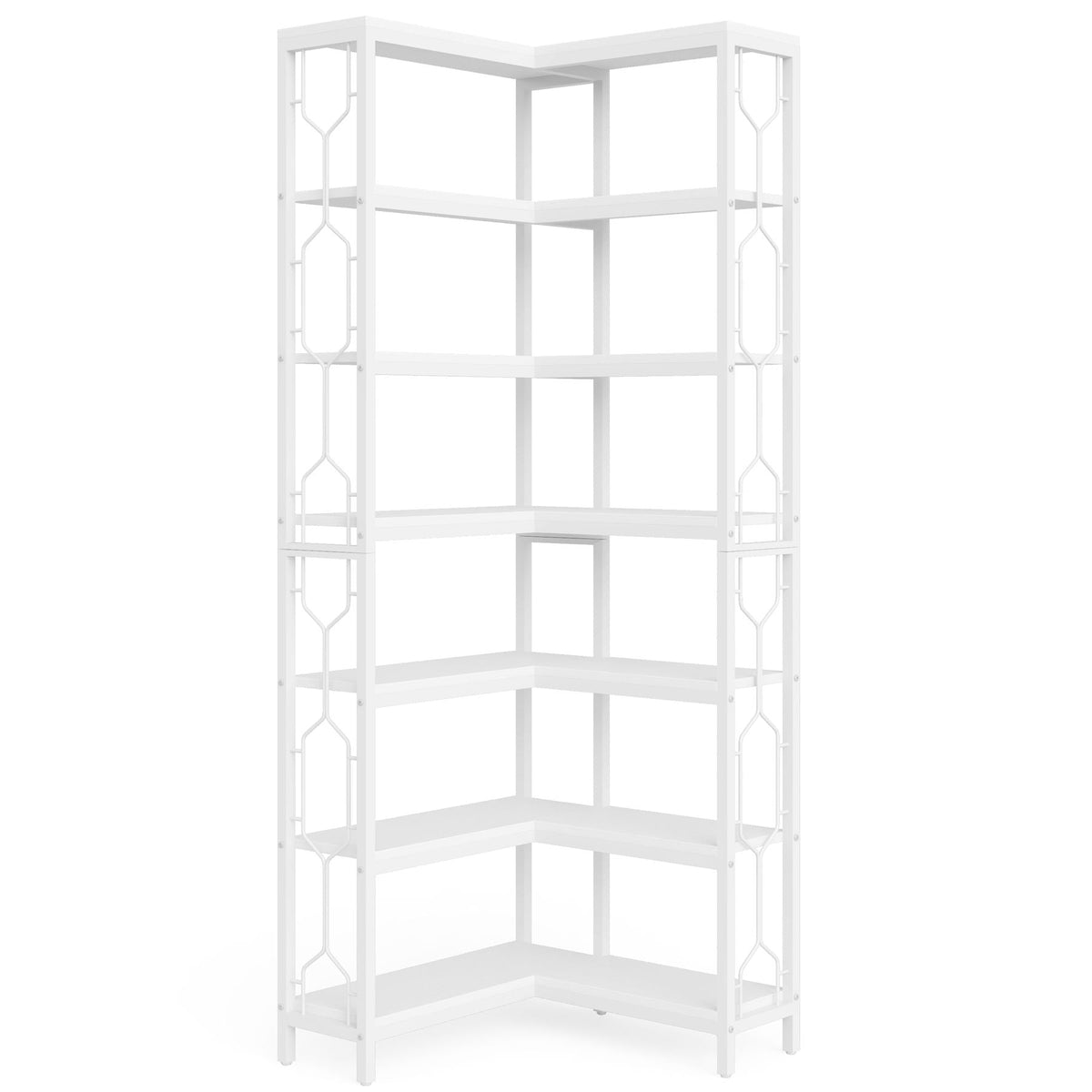 7-tier corner bookshelf in white with hexagonal side panels and metal frame HouseOfZazla on Tampa Home & Garden Store