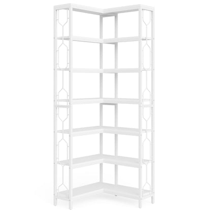 7-tier corner bookshelf in white with hexagonal side panels and metal frame HouseOfZazla on Tampa Home & Garden Store