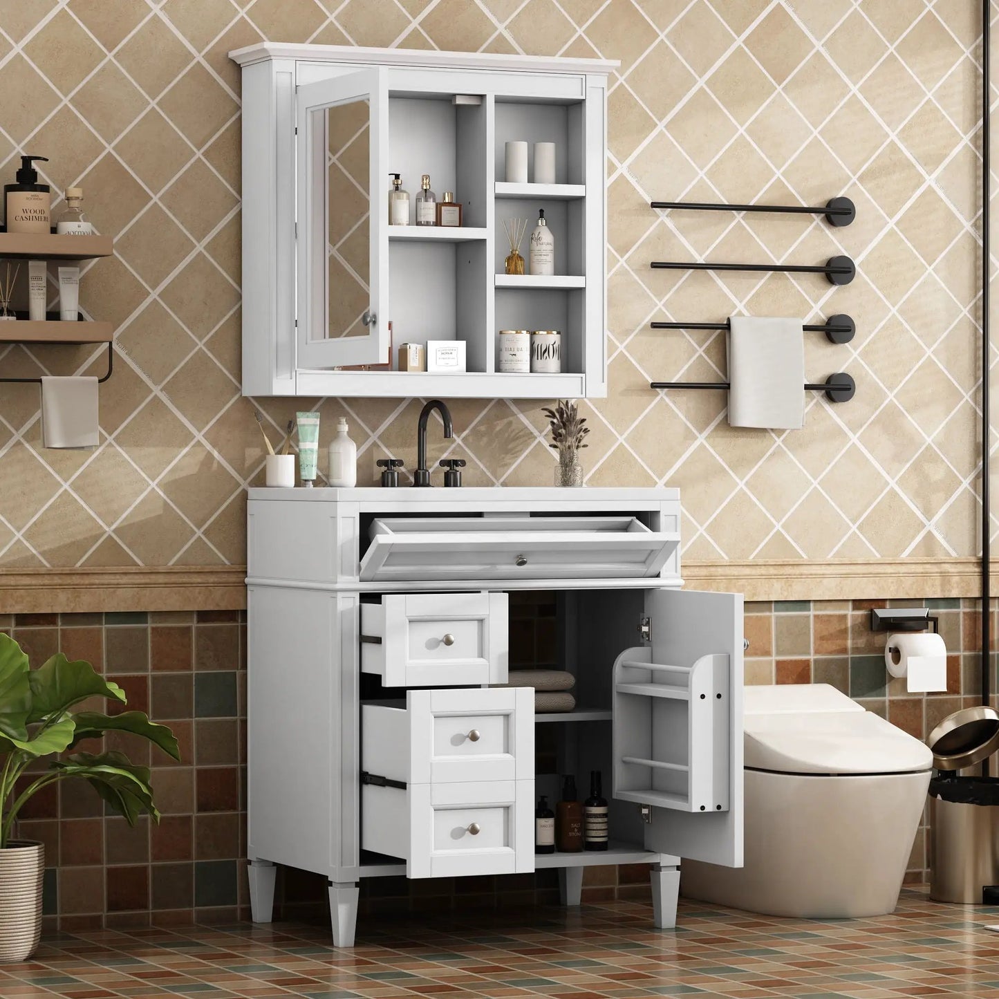 White bathroom vanity with medicine cabinet, 2 soft closing doors and 4 drawers on Tampa Home & Garden Store