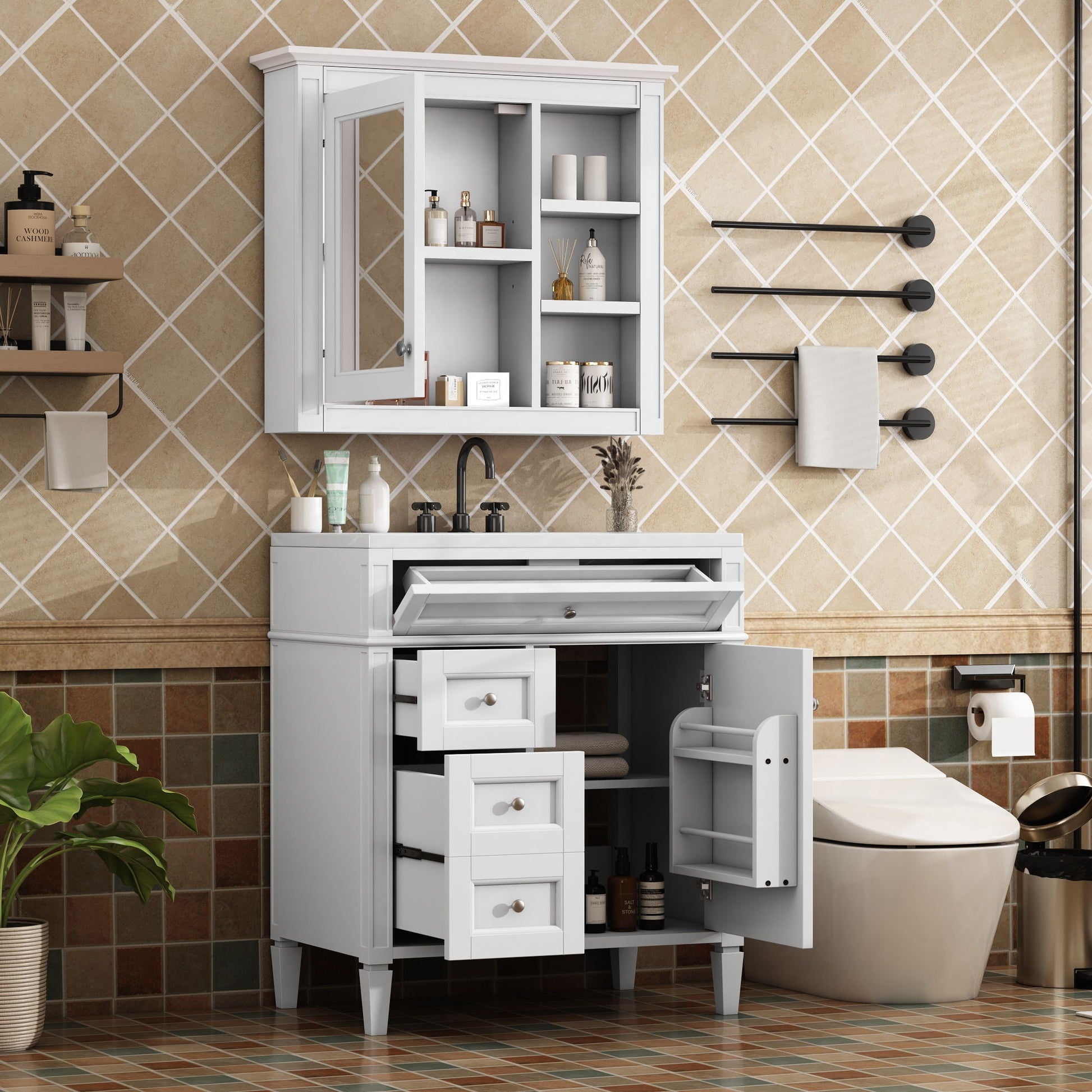 White bathroom vanity with medicine cabinet, 2 soft closing doors and 4 drawers on Tampa Home & Garden Store