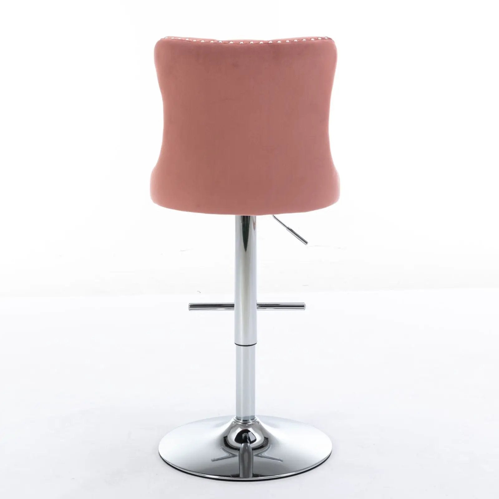 Rose-pink upholstered swivel bar stool with back, chrome pedestal base, adjustable height on Tampa Home & Garden Store