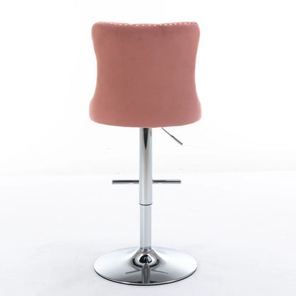 Rose-pink upholstered swivel bar stool with back, chrome pedestal base, adjustable height on Tampa Home & Garden Store