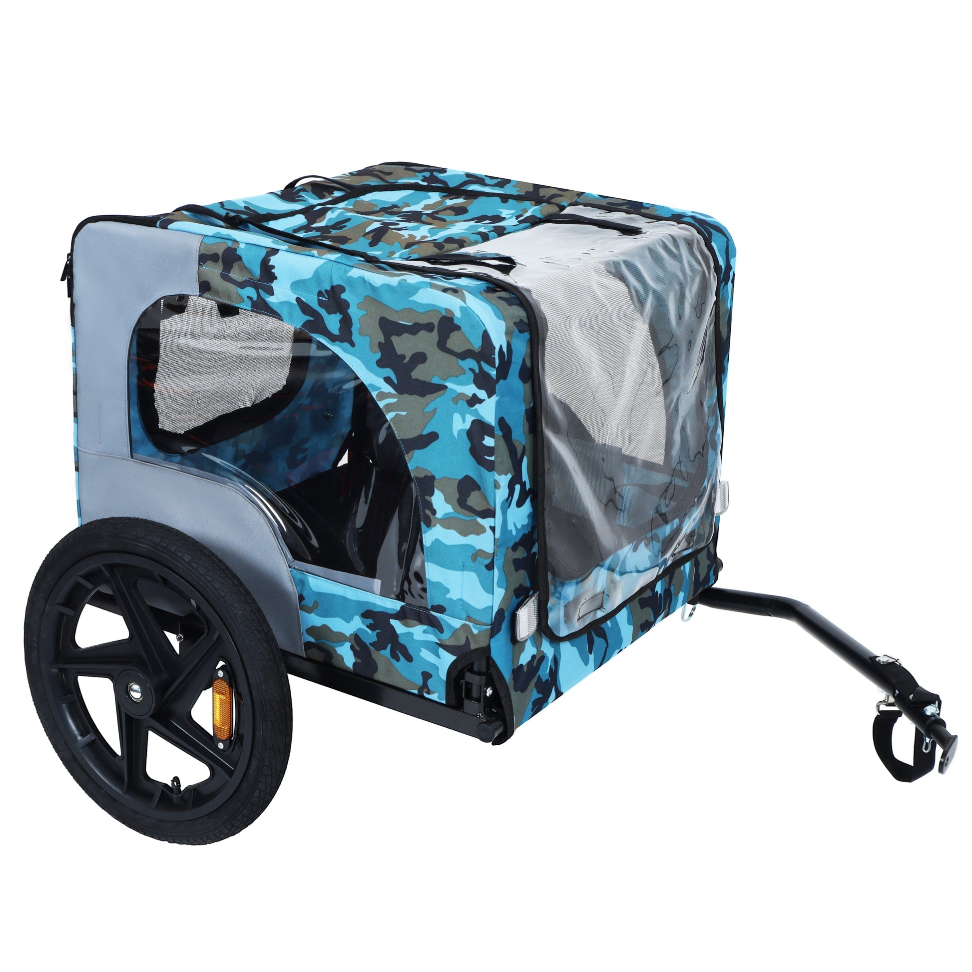 Collapsible pet bike trailer with 16-inch wheels in blue camouflage fabric HouseOfZazla on Tampa Home & Garden Store