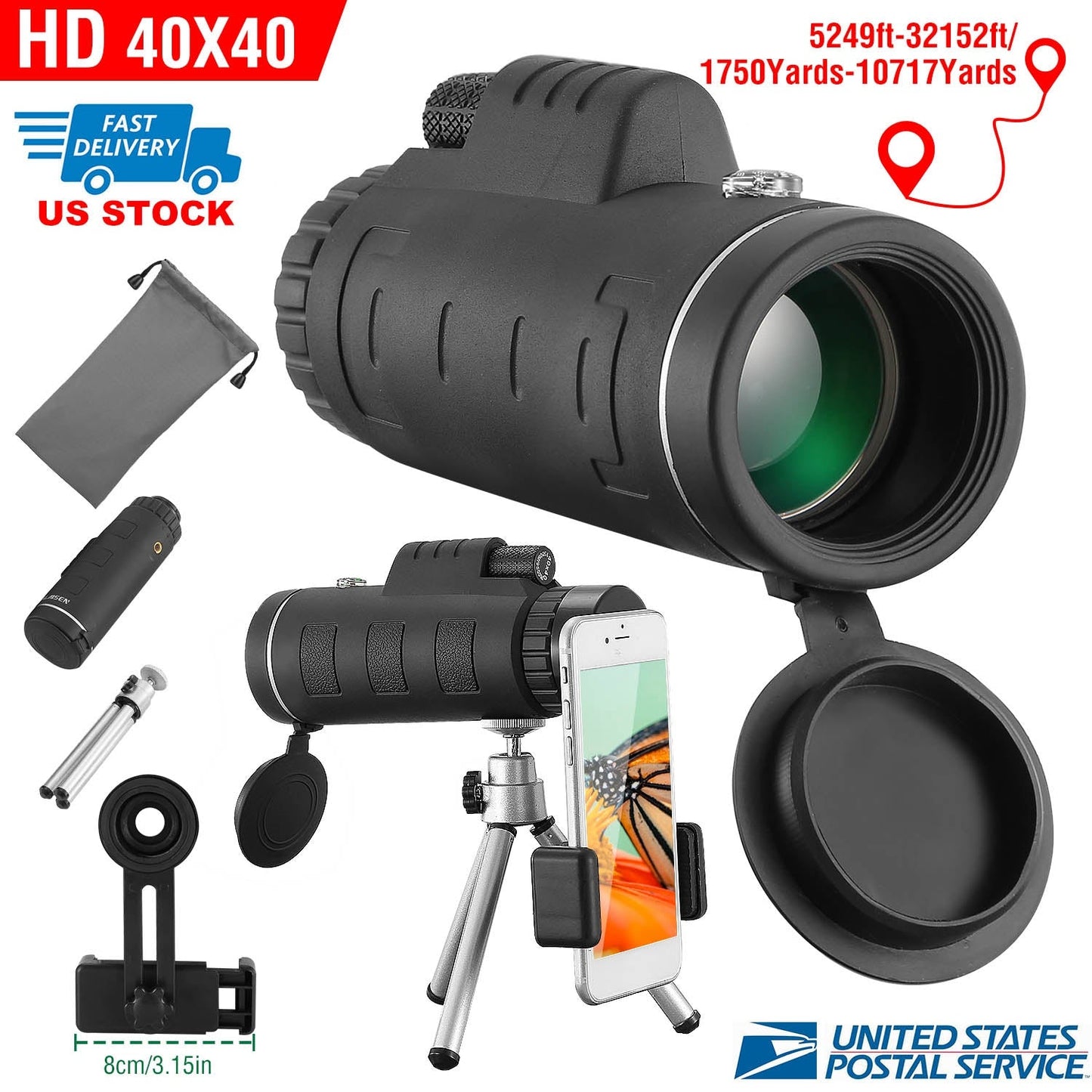GemGear 40x40 HD monocular telescope with FMC lens, black body, includes phone holder and tripod on Tampa Home & Garden Store