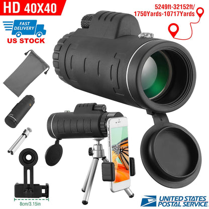 GemGear 40x40 HD monocular telescope with FMC lens, black body, includes phone holder and tripod on Tampa Home & Garden Store