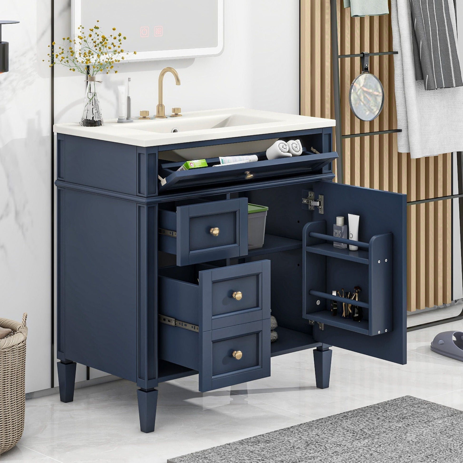 Bathroom vanity with top sink in navy blue, 2 drawers plus tip-out drawer, HouseOfZazla on Tampa Home & Garden Store