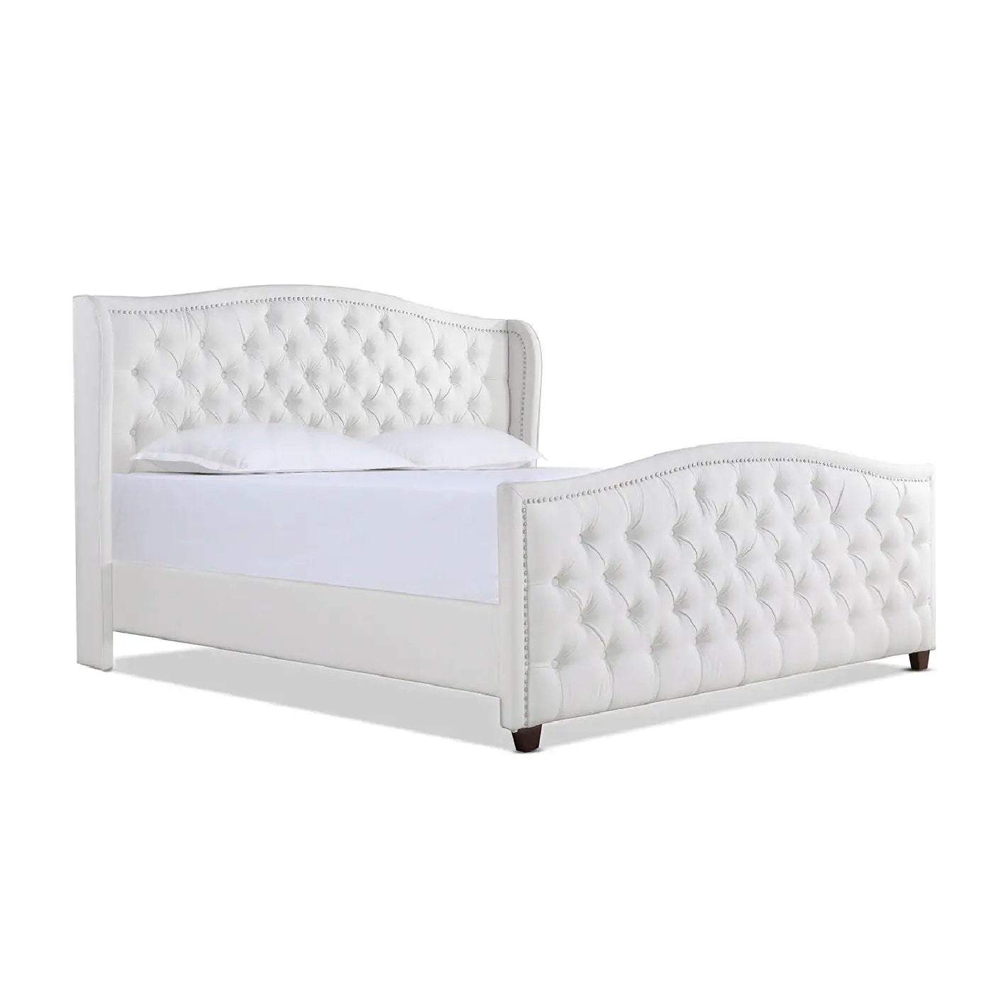 Marcella Upholstered Shelter Headboard Bed Set, white tufted bed with nailhead trim on Tampa Home & Garden Store
