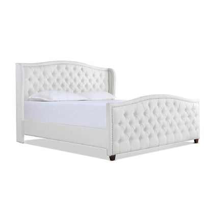 Marcella Upholstered Shelter Headboard Bed Set, white tufted bed with nailhead trim on Tampa Home & Garden Store