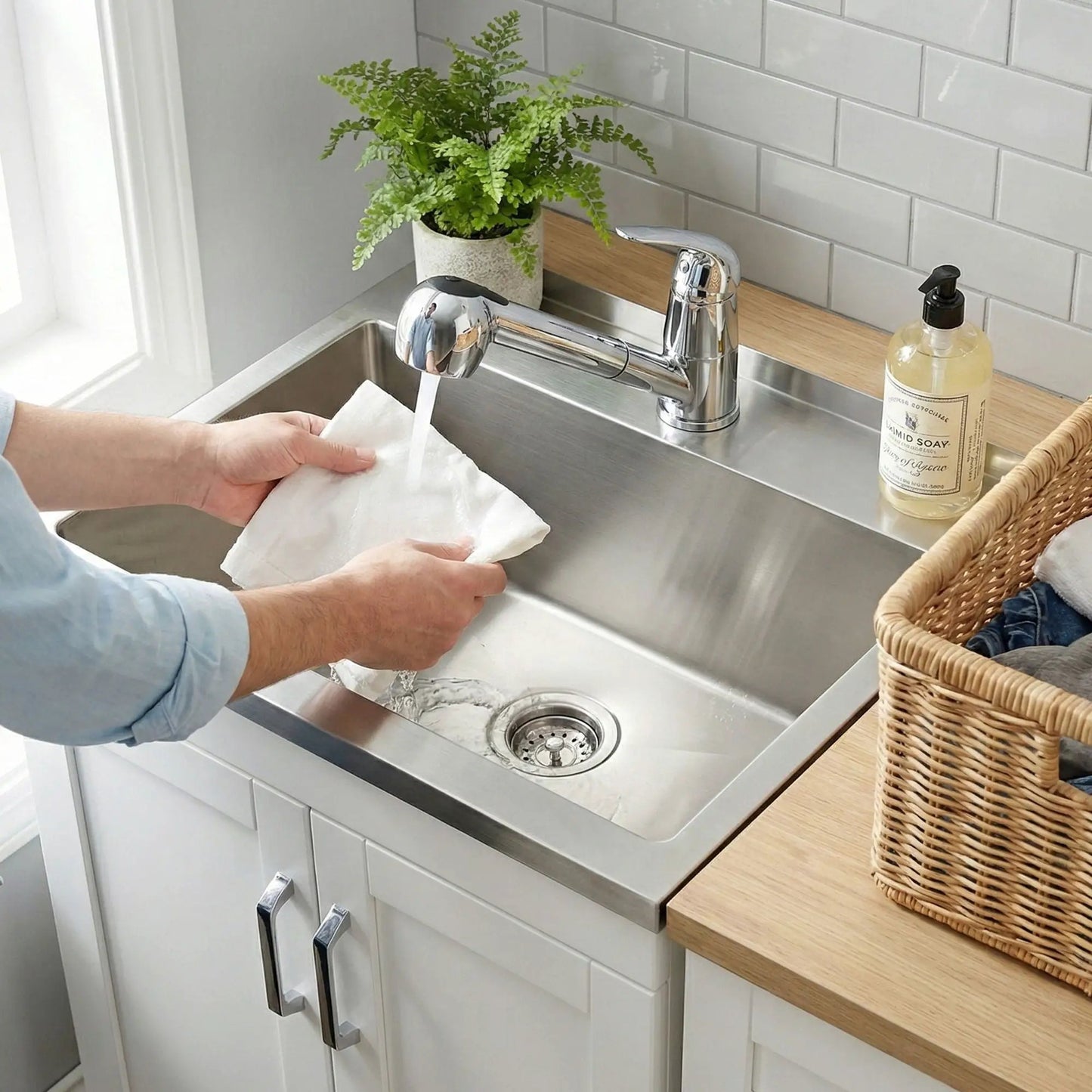 Kyle laundry cabinet with chrome faucet and stainless steel sink on Tampa Home & Garden Store