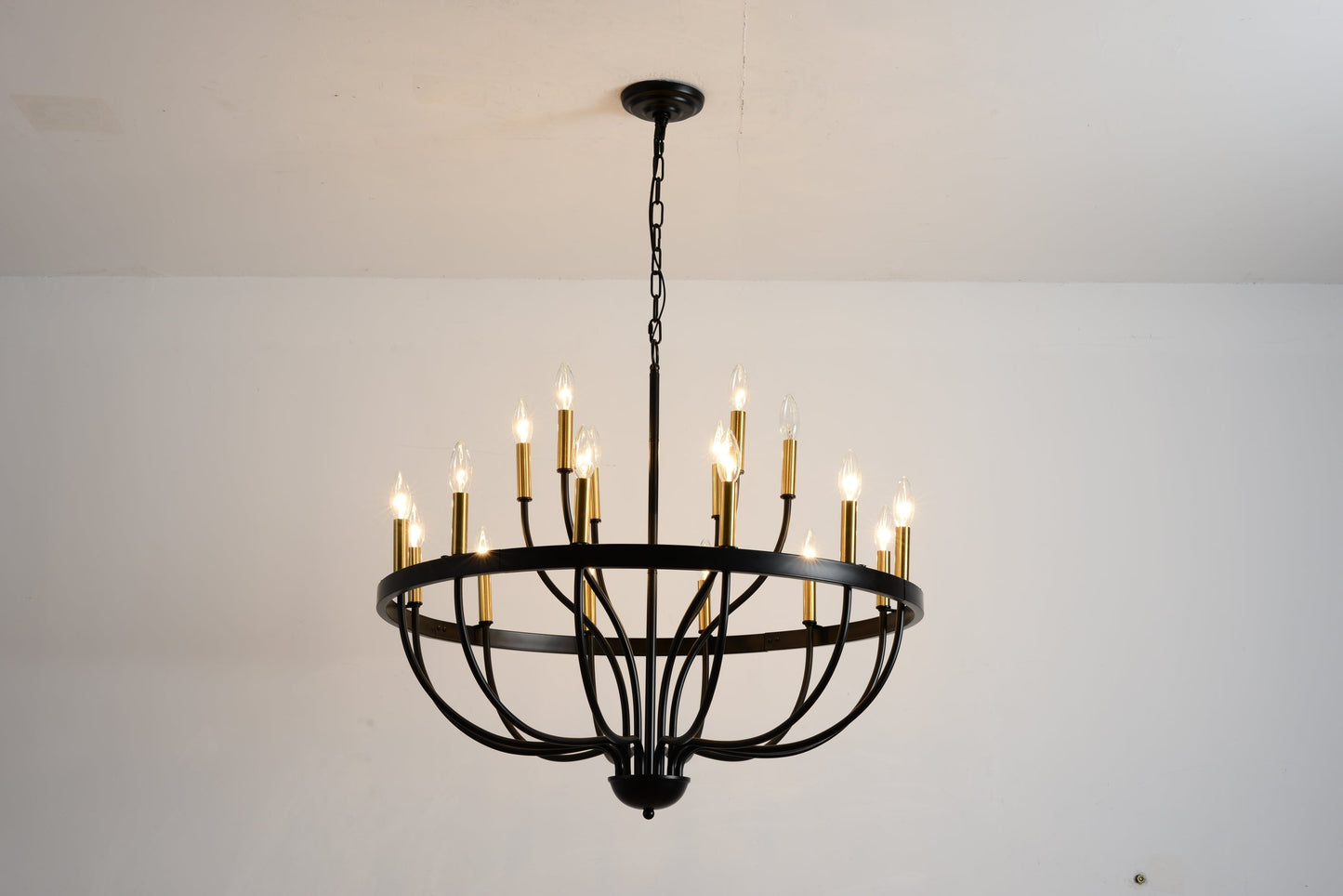 15-light industrial iron chandelier with black frame and gold candle sleeves pendant light on Tampa Home & Garden Store