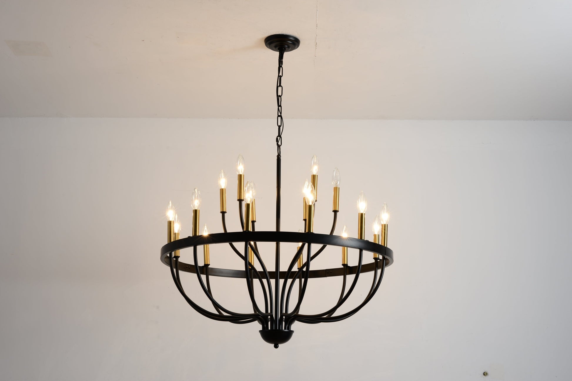 15-light industrial iron chandelier with black frame and gold candle sleeves pendant light on Tampa Home & Garden Store