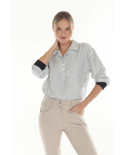 Sundae Womens Ivory And Black Pinstripe Blouse