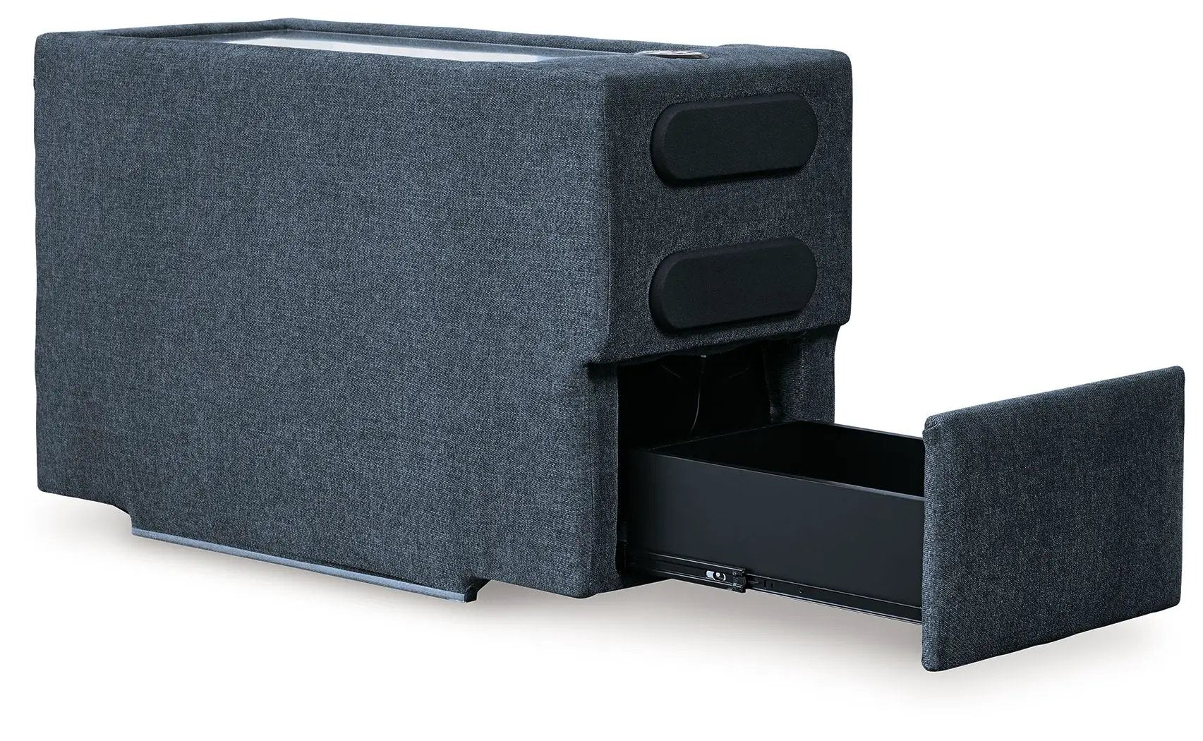 Modmax Sectional Ink by Unique Piece Furniture, deep blue fabric with built in storage drawer on Tampa Home & Garden Store