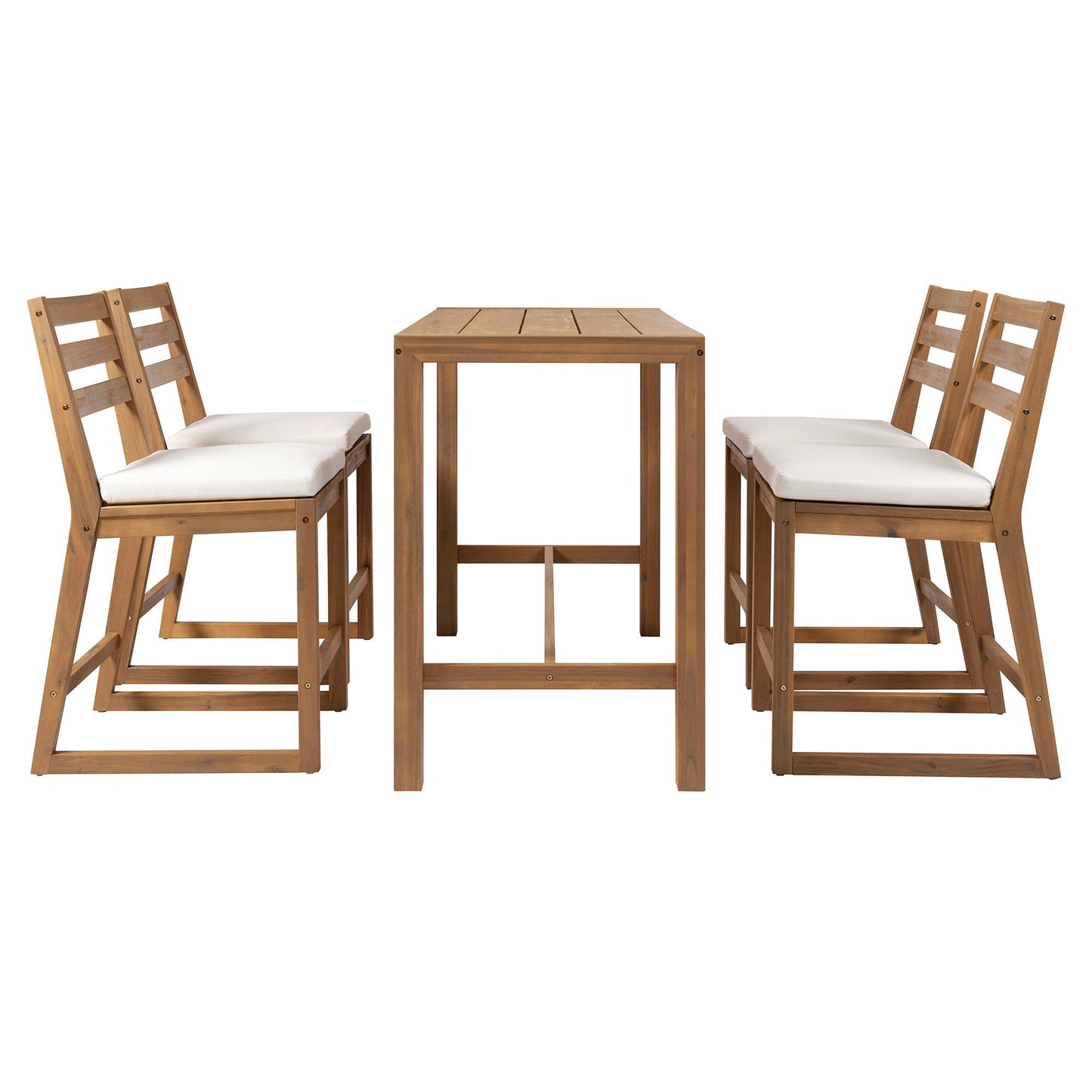 Patio bar set with ergonomic chairs in natural brown wood and white cushions, 5-piece set on Tampa Home & Garden Store