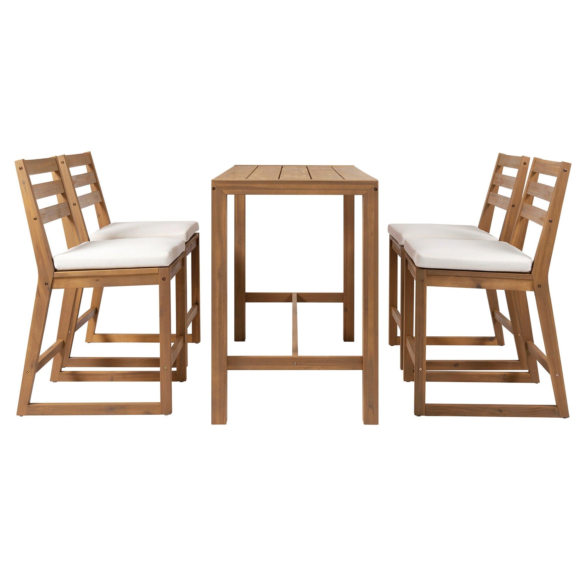 Patio bar set with ergonomic chairs in natural brown wood and white cushions, 5-piece set on Tampa Home & Garden Store