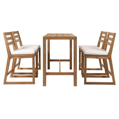 Patio bar set with ergonomic chairs in natural brown wood and white cushions, 5-piece set on Tampa Home & Garden Store
