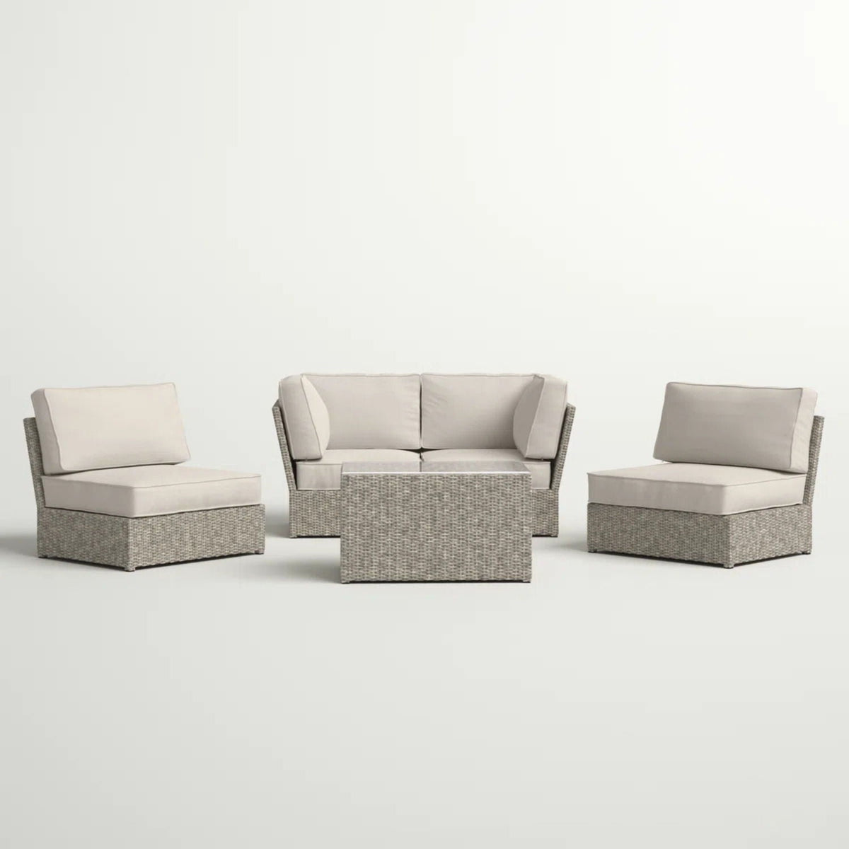 Modular wicker patio seating set with neutral cushions, gray-brown weave, 4-piece HouseOfZazla on Tampa Home & Garden Store