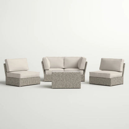 Modular wicker patio seating set with neutral cushions, gray-brown weave, 4-piece HouseOfZazla on Tampa Home & Garden Store