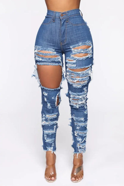 Women's Fashion Cut And Tear Stretchy Calf Jeans blue distressed denim rips FLIPSTYLEZLLC on Tampa Home & Garden Store