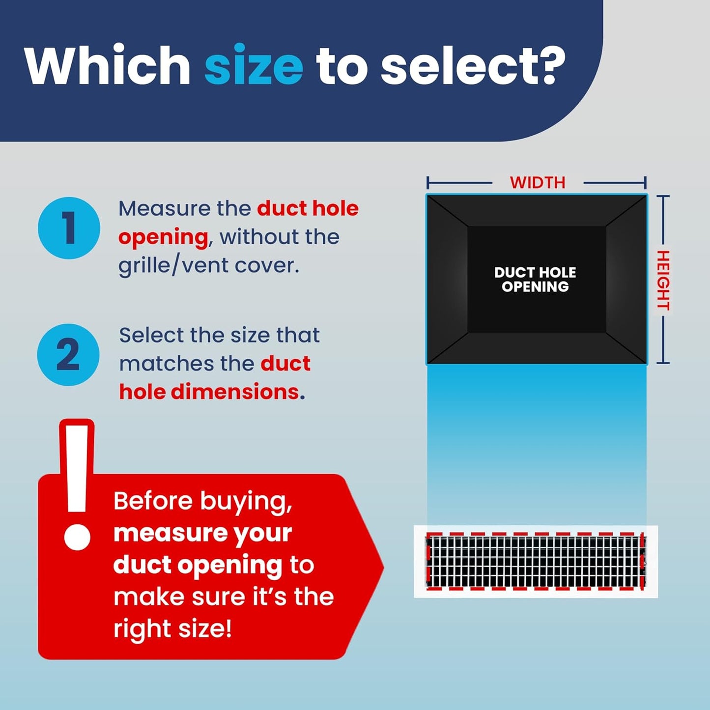 AC Register Vent Cover - Adjustable Aluminum HVAC Grille by HouseOfZazla; duct hole sizing infographic on Tampa Home & Garden Store
