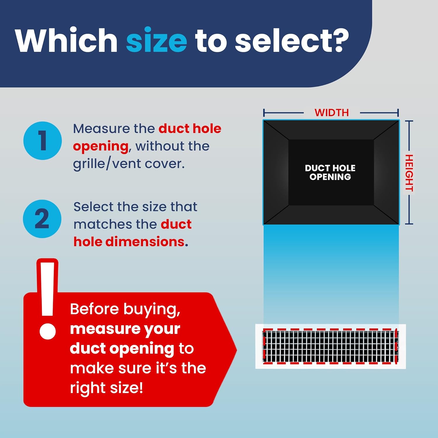AC Register Vent Cover - Adjustable Aluminum HVAC Grille by HouseOfZazla; duct hole sizing infographic on Tampa Home & Garden Store