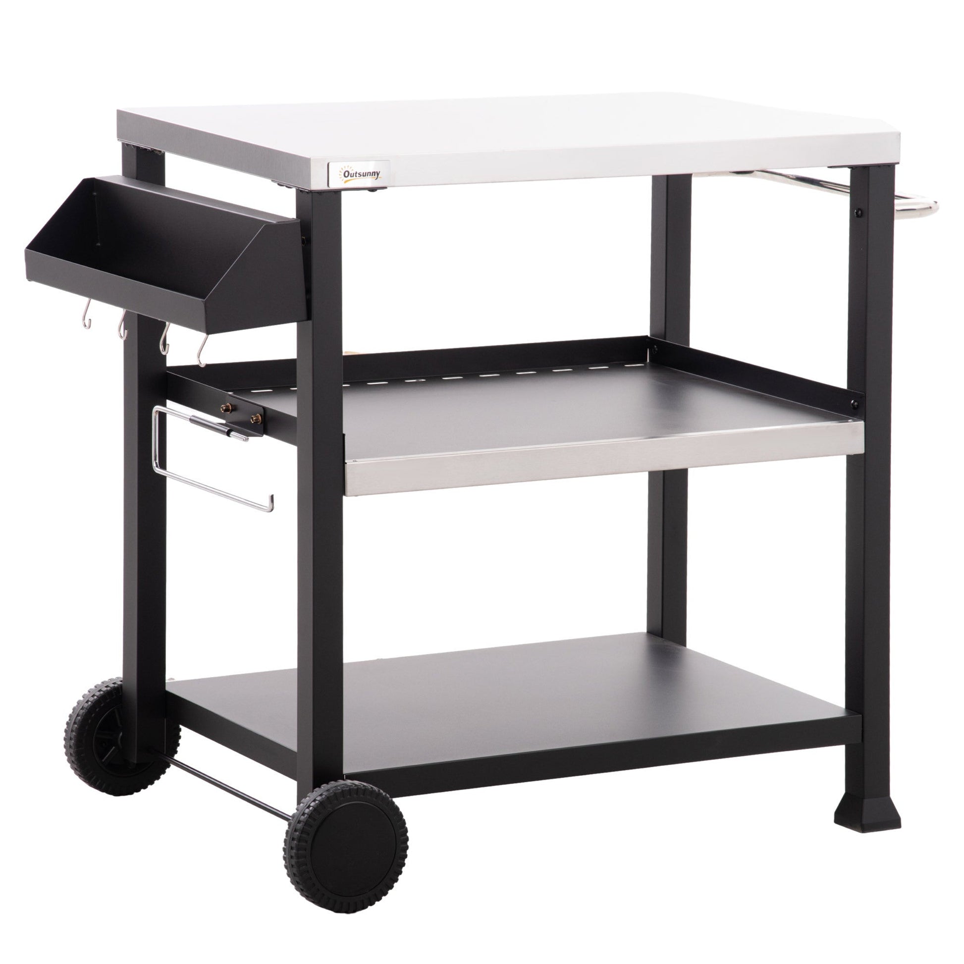 Outsunny three-shelf grill cart with stainless steel top and black frame with wheels on Tampa Home & Garden Store