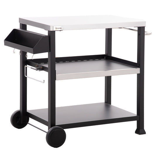 Outsunny three-shelf grill cart with stainless steel top and black frame with wheels on Tampa Home & Garden Store