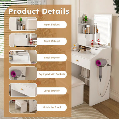 White 3-color LED vanity set with mirror, 2 drawers and 5 storage cabinets, stool included on Tampa Home & Garden Store