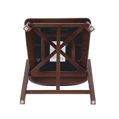 Bar height barstool with backrest, dark wood frame and green upholstered seat on Tampa Home & Garden Store