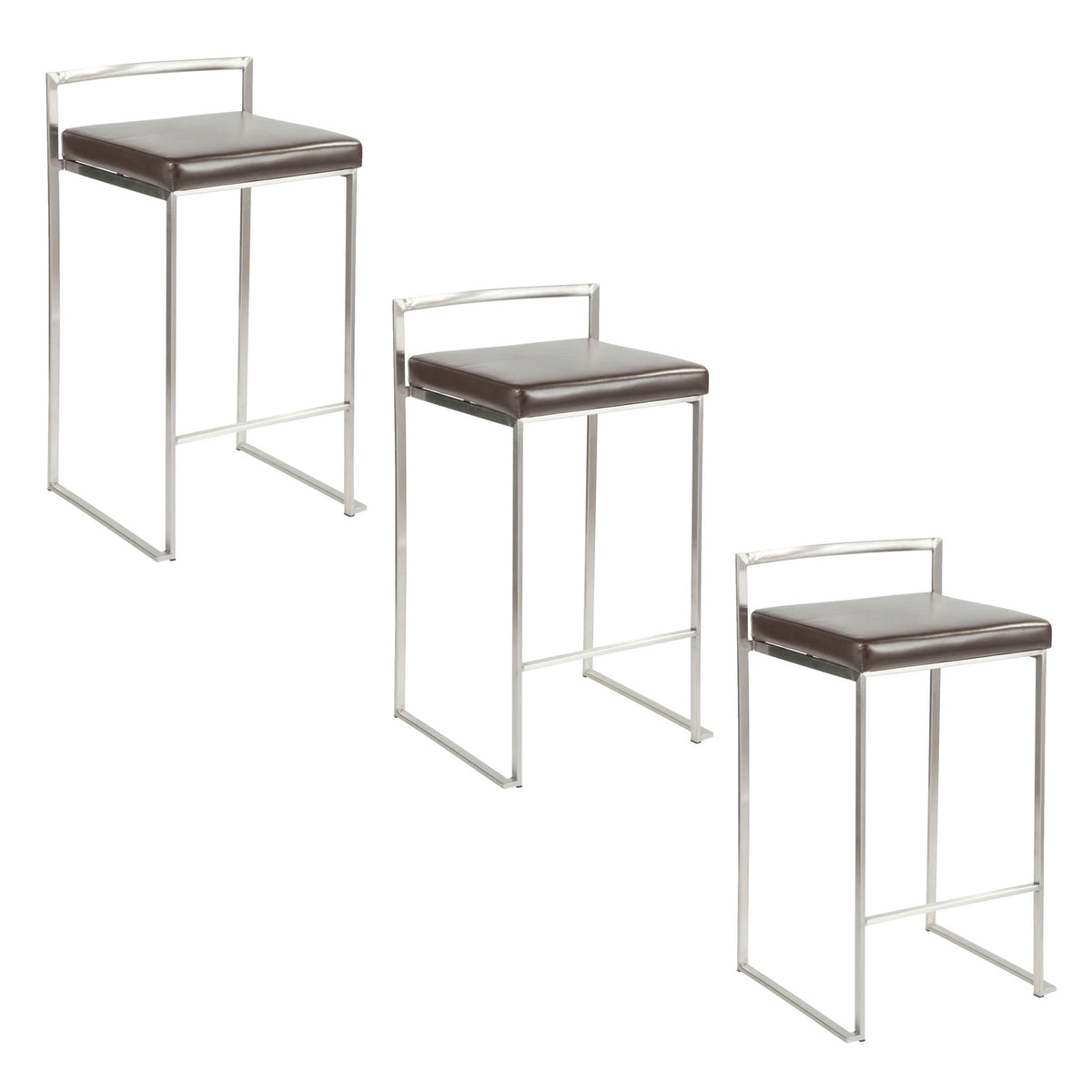 Contemporary stackable counter stool brown padded seat with chrome metal frame set of 3 on Tampa Home & Garden Store
