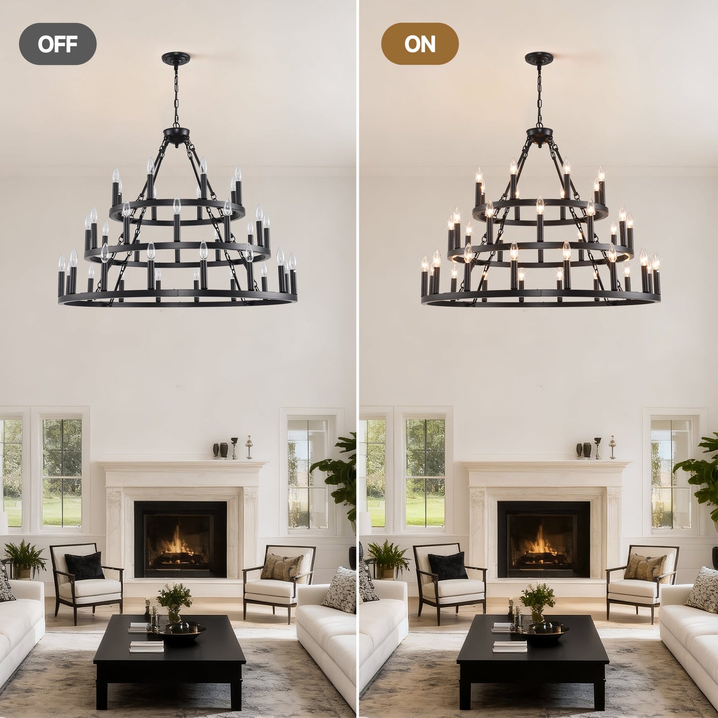 39.37in 3-Tier Wagon Wheel Chandelier by HouseOfZazla, black metal frame with candle bulbs on Tampa Home & Garden Store
