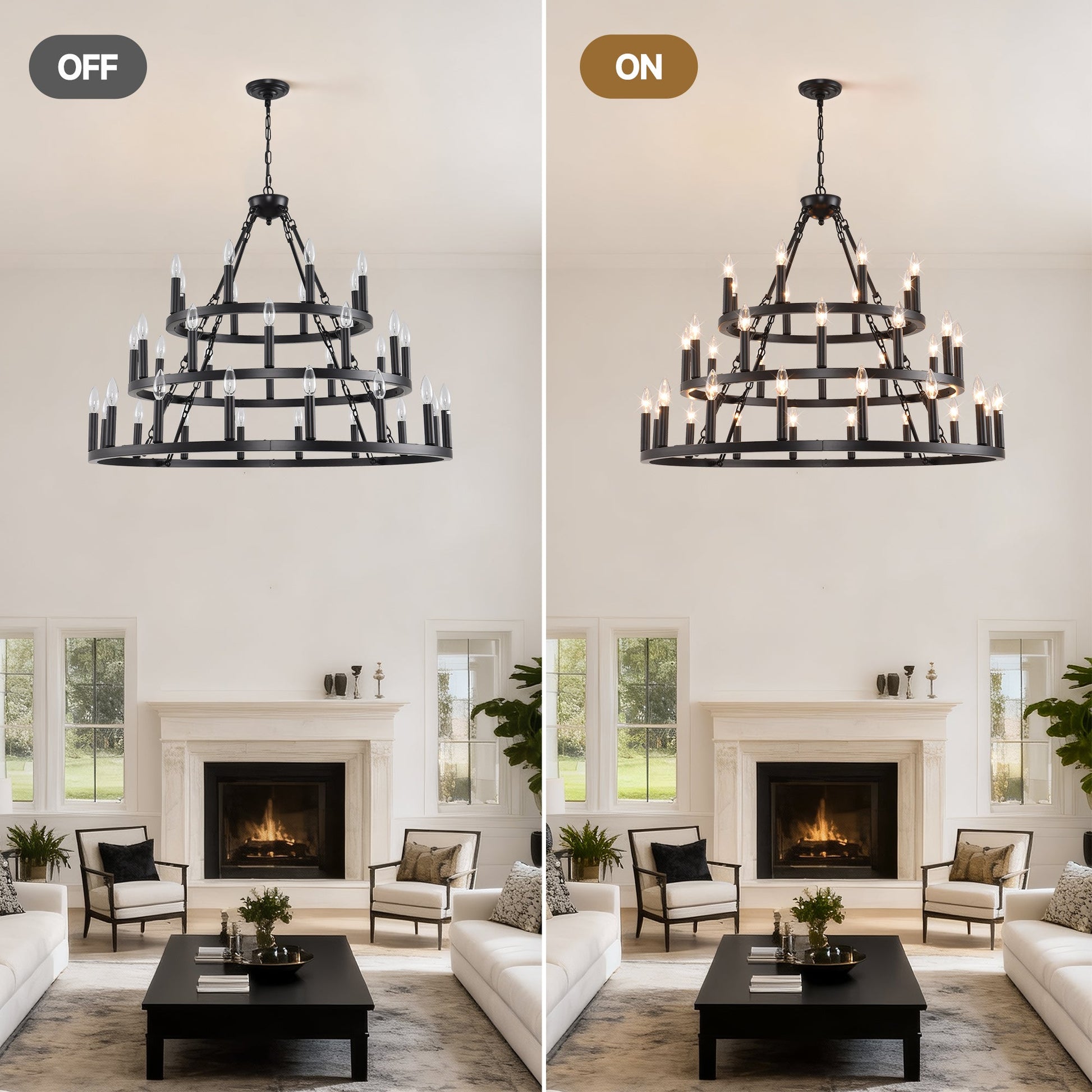 39.37in 3-Tier Wagon Wheel Chandelier by HouseOfZazla, black metal frame with candle bulbs on Tampa Home & Garden Store