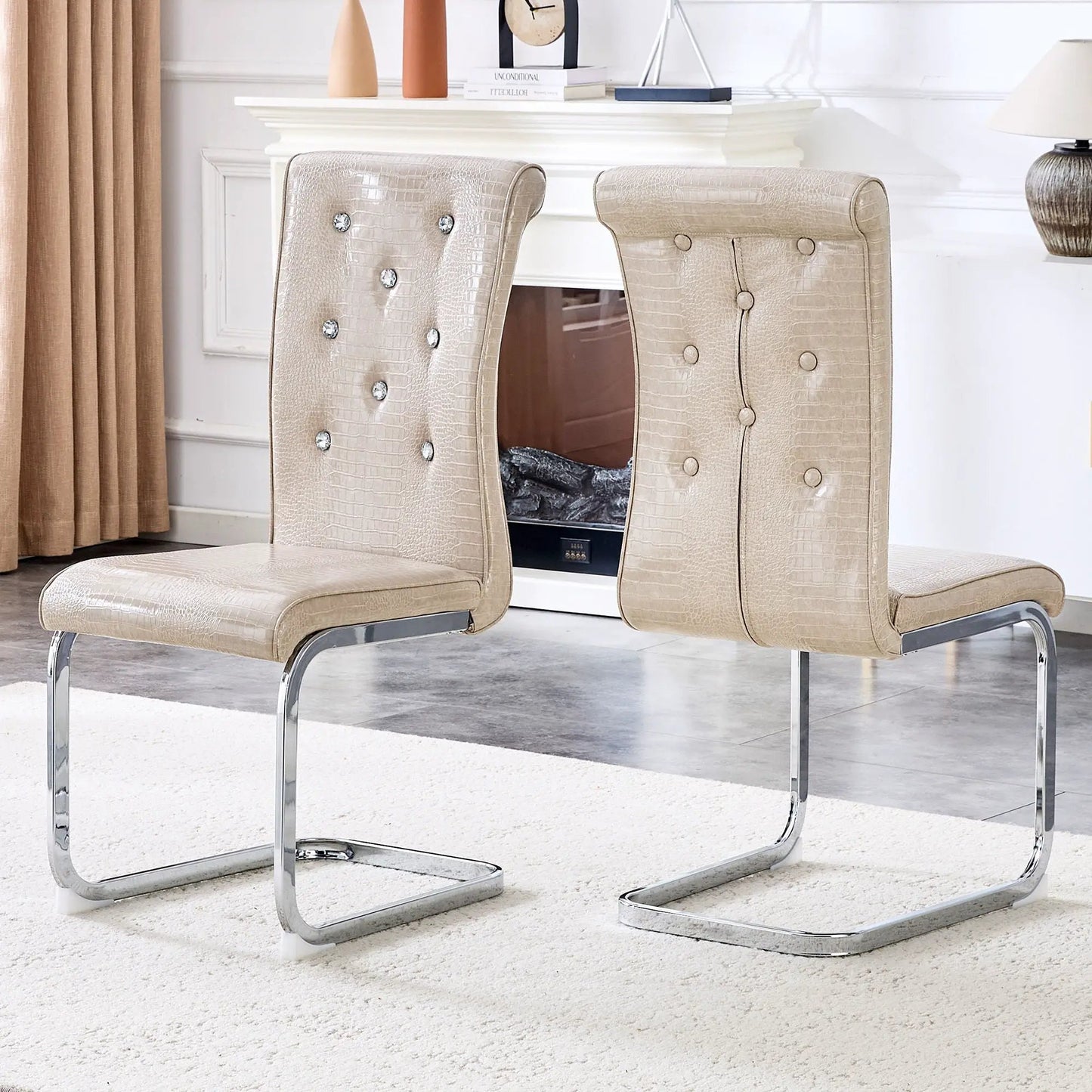 Beige crocodile-textured dining chairs with chrome cantilever legs, 2 chairs on Tampa Home & Garden Store