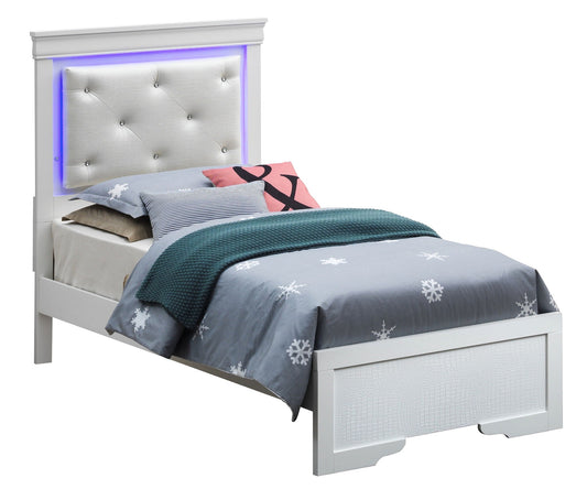 LED Elegant Bed with tufted white upholstered headboard, purple glow, white frame on Tampa Home & Garden Store