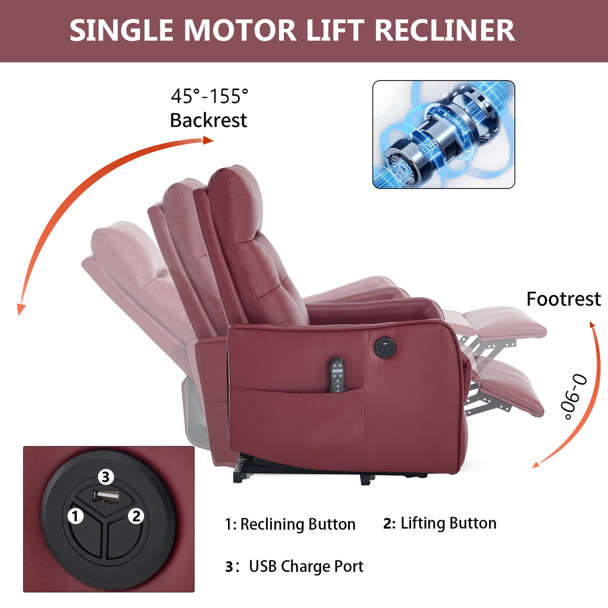 Comfortmax single motor lift recliner chair by HouseOfZazla in burgundy leather with remote on Tampa Home & Garden Store