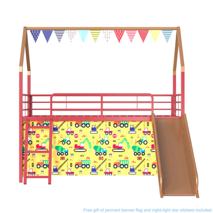Loft bed with slide, red frame and colorful pennant banner by HouseOfZazla on Tampa Home & Garden Store