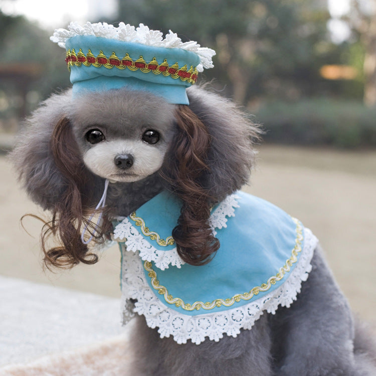 Christmas pet outfit blue with white lace trim and gold detailing worn by a dog Pet Zen on Tampa Home & Garden Store