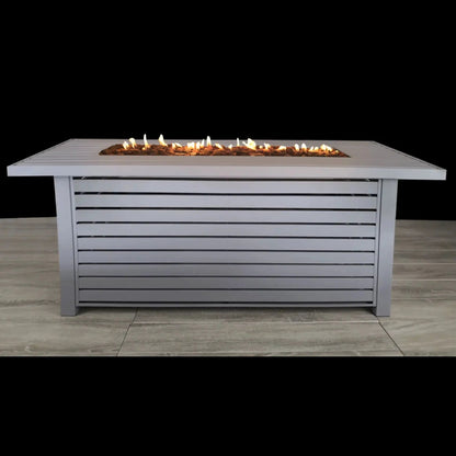 Propane outdoor fire pit table with lid in white, slatted design by Unique Piece Furniture on Tampa Home & Garden Store