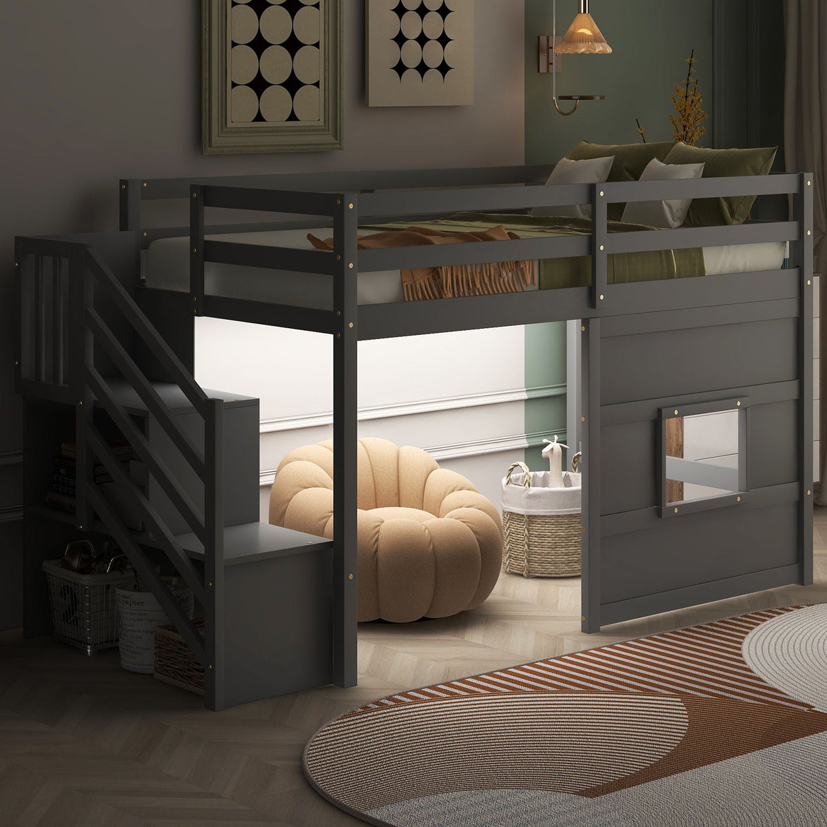Loft bed with storage staircase in dark gray finish with LED light on Tampa Home & Garden Store