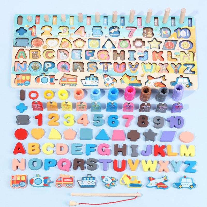 Montessori wooden educational toy set with colorful letters and numbers, shapes, and vehicles on Tampa Home & Garden Store