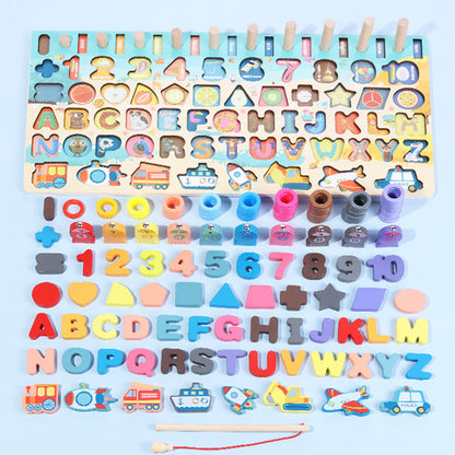 Montessori wooden educational toy set with colorful letters and numbers, shapes, and vehicles on Tampa Home & Garden Store