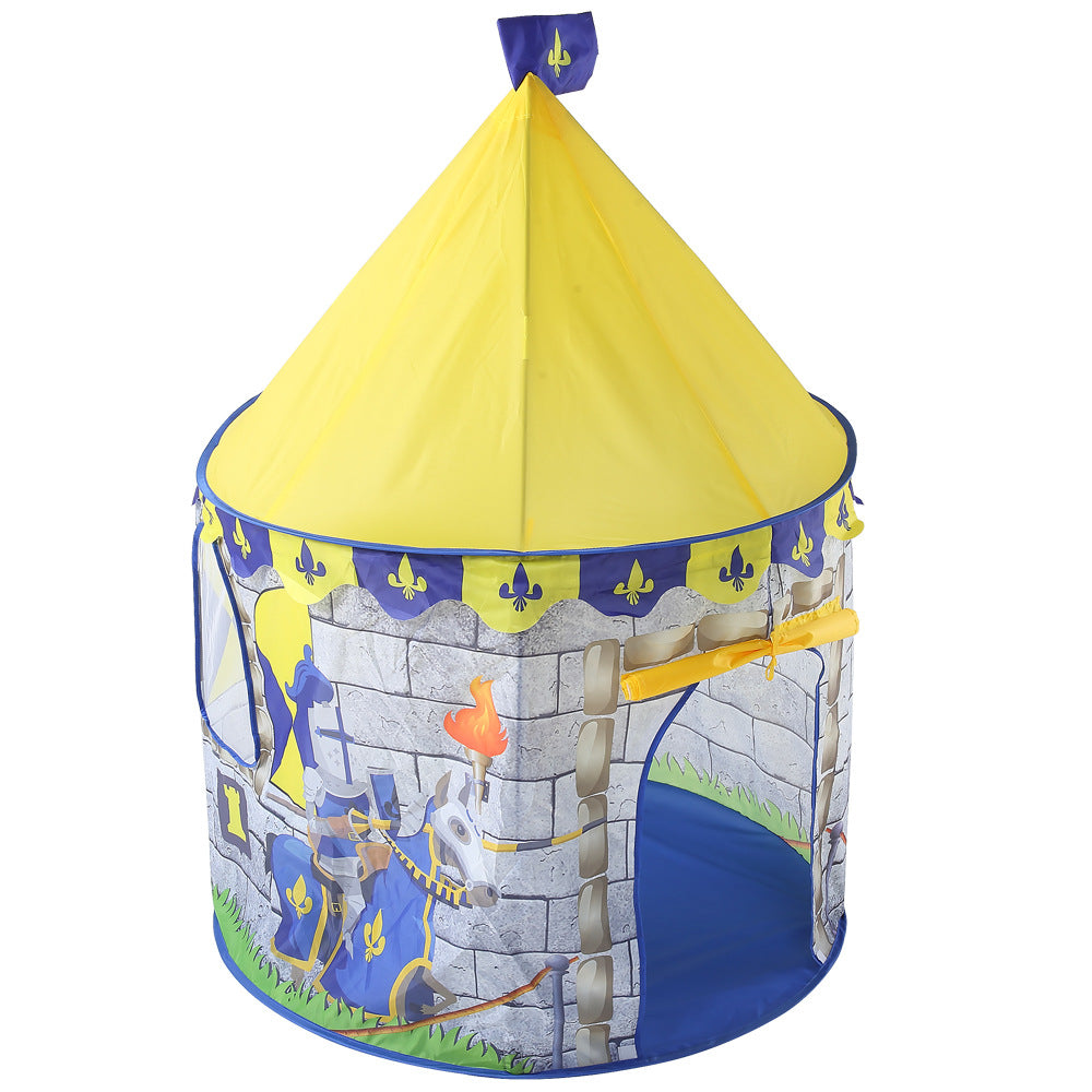 Children's castle play tent for outdoor use with yellow cone roof and blue accents on Tampa Home & Garden Store