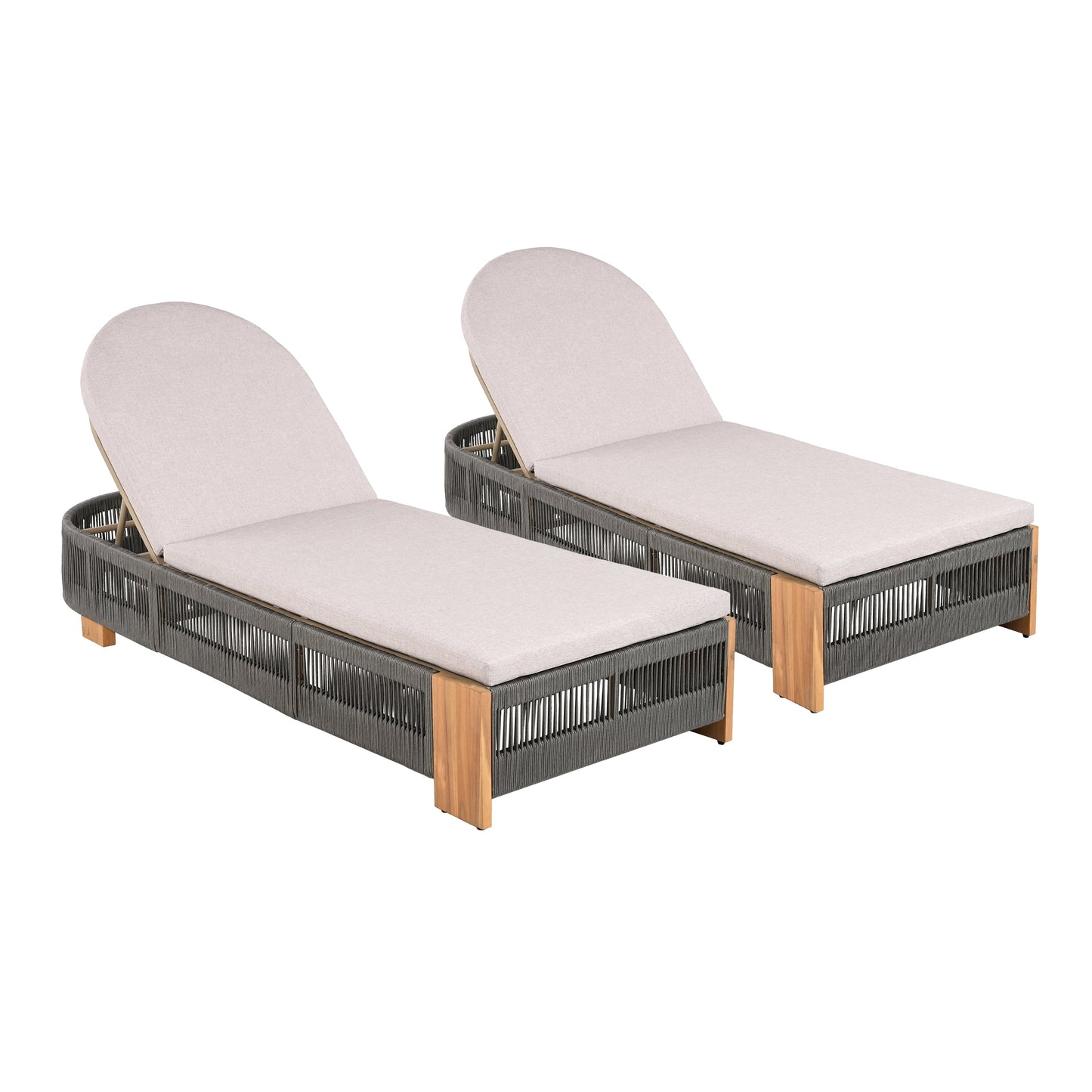 Outdoor chaise lounge chairs (2) with adjustable backrests and beige cushions, dark woven rattan on Tampa Home & Garden Store