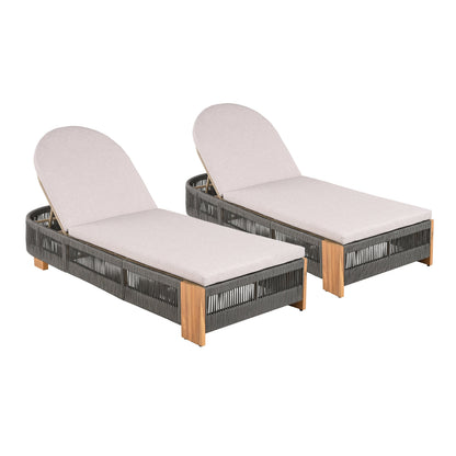 Outdoor chaise lounge chairs (2) with adjustable backrests and beige cushions, dark woven rattan on Tampa Home & Garden Store