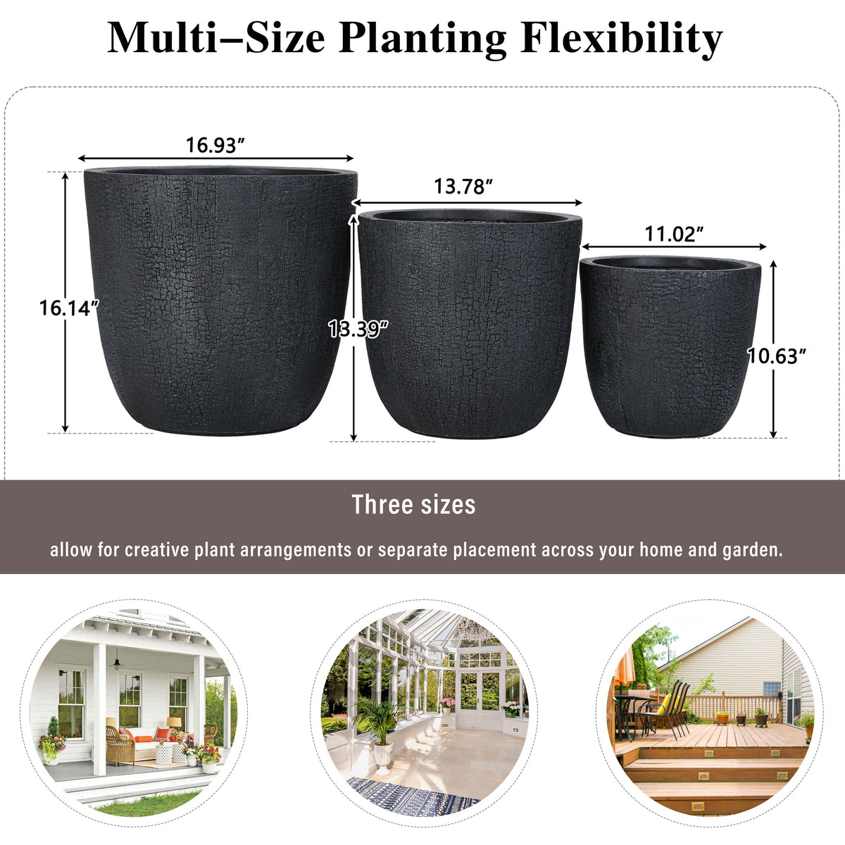 Planters: U_STYLE Lightweight MGO 3-pack in black textured finish on Tampa Home & Garden Store
