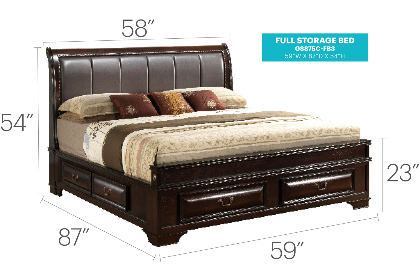 Lavita storage bed HouseOfZazla dark wood frame and upholstered headboard, storage drawers on Tampa Home & Garden Store