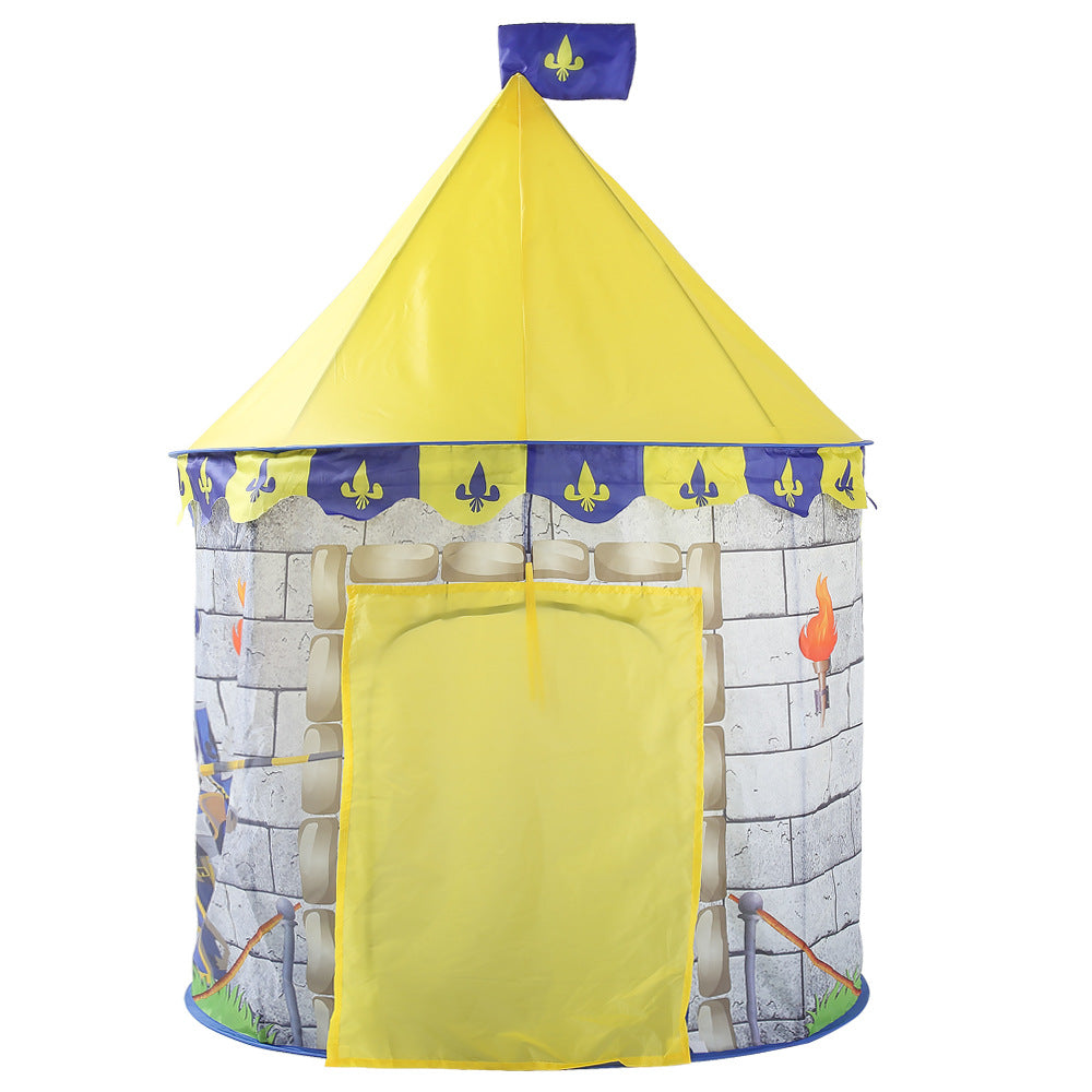 Kids outdoor castle tent with bright yellow cone roof and stone-wall print, front doorway on Tampa Home & Garden Store