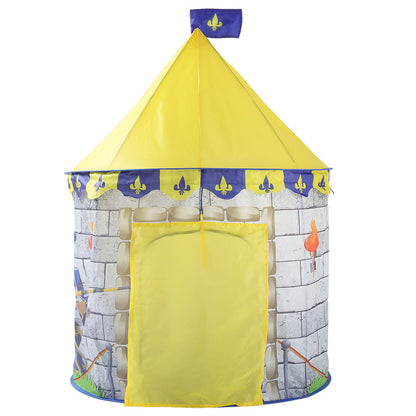 Kids outdoor castle tent with bright yellow cone roof and stone-wall print, front doorway on Tampa Home & Garden Store