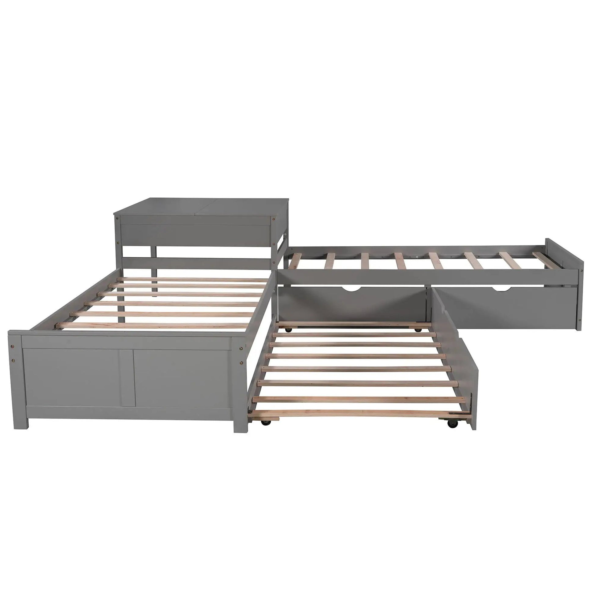 L-shaped platform bed with trundle, drawers and built-in desk; gray metal frame with wood slats on Tampa Home & Garden Store